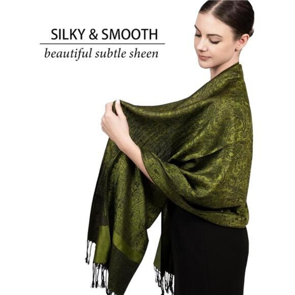 Two-Tone  Paisley Pashmina Scarf – Lightweight Olive Green - Picture 3 of 6